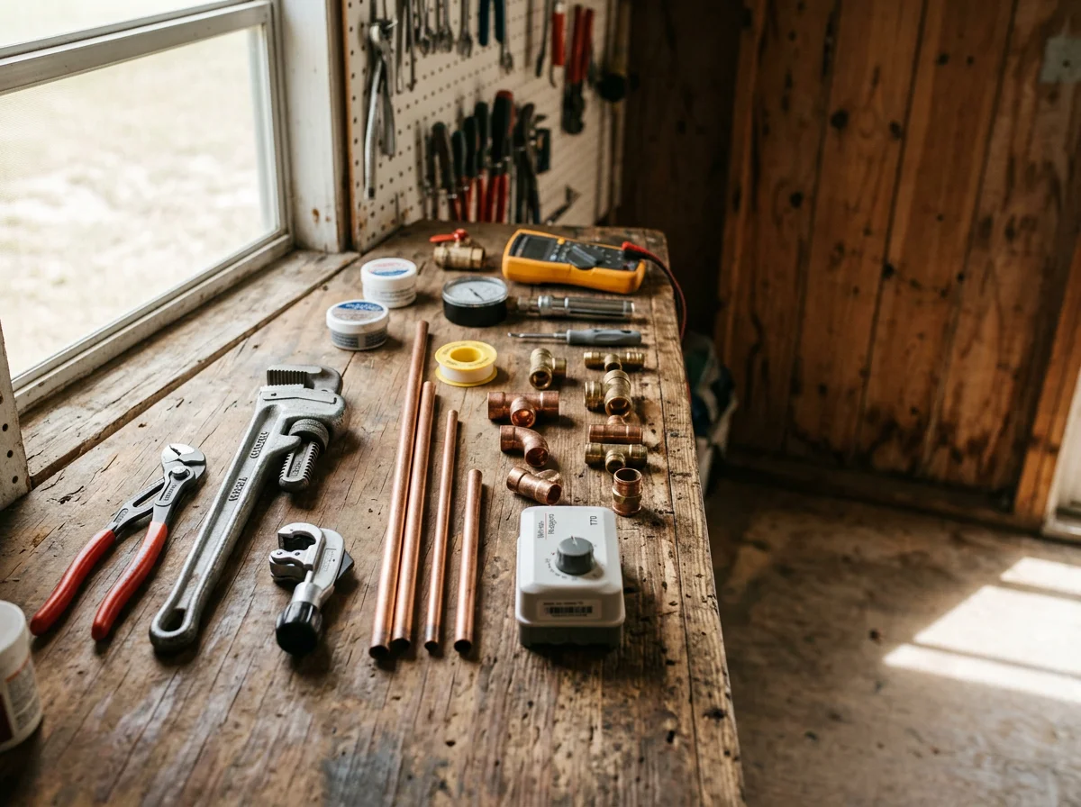 Plumbing tools and equipment arranged on a work surface, representing the trade expertise and service readiness of a professional plumbing team.