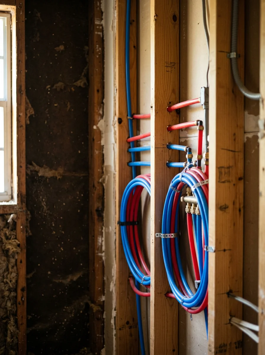 New PEX supply lines running through wall studs during a whole-home re-pipe in a 1990s Alachua County subdivision home.