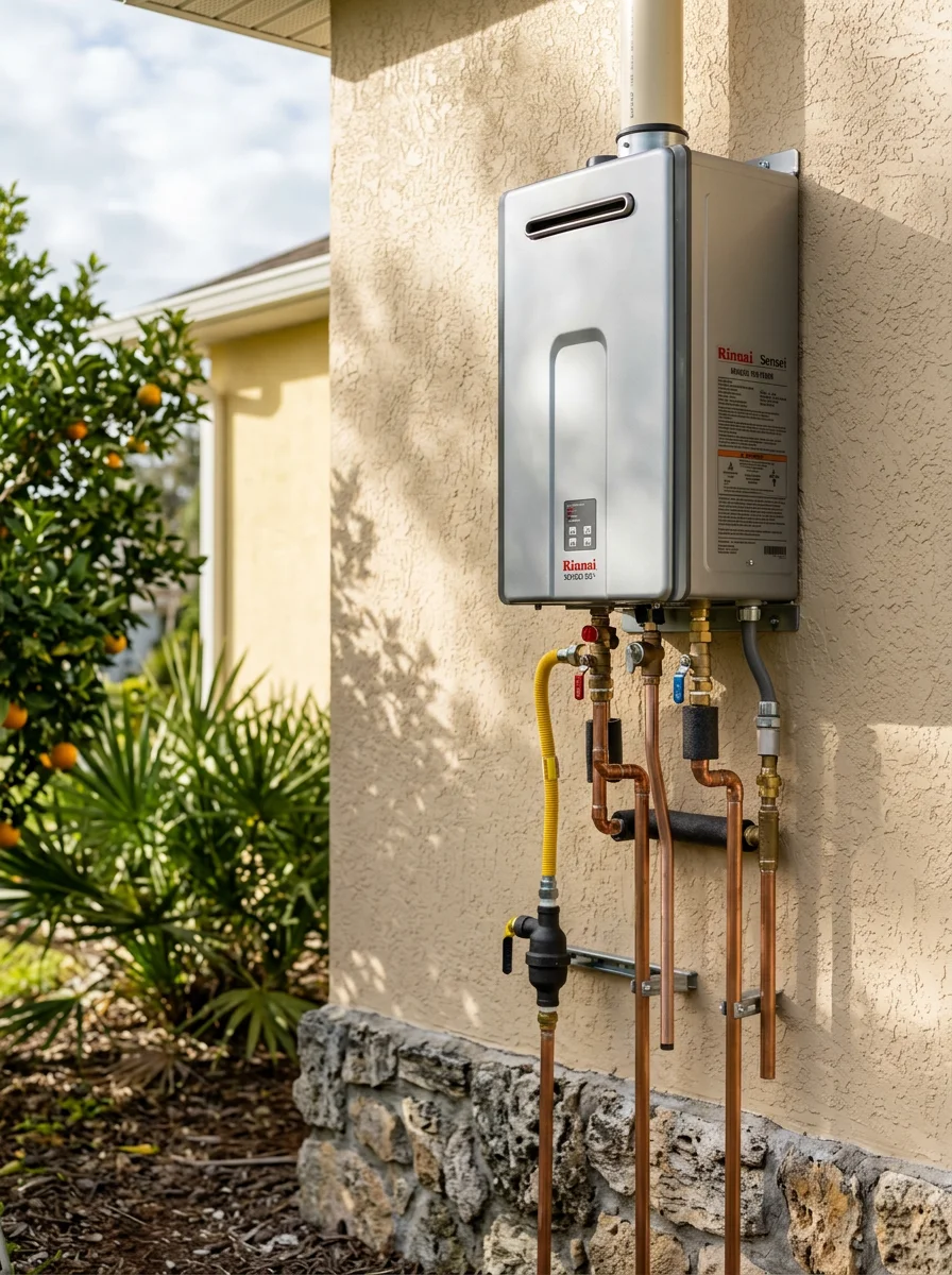 New tankless water heater mounted on the exterior wall of a Citrus County home, with copper supply connections and a gas line visible.