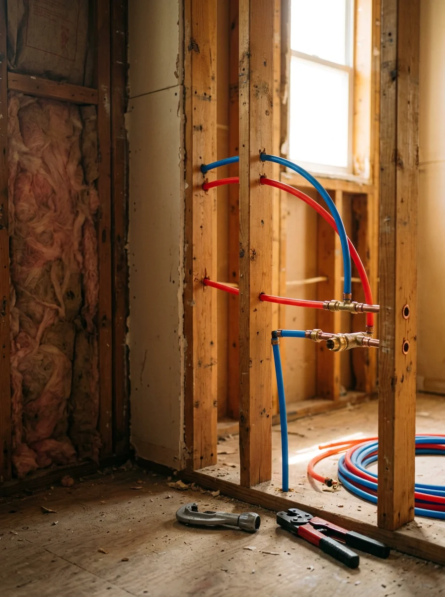 Interior view of a Levy County home bathroom during a re-pipe, showing new PEX supply lines running through wall framing in an older wood-frame house.