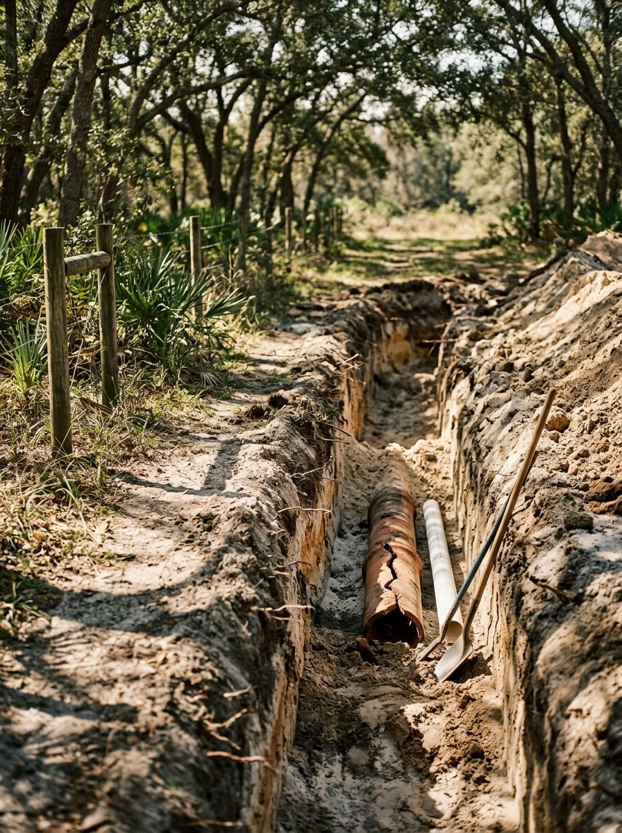 Excavated trench showing a cracked clay sewer lateral being replaced on a rural Marion County property with sandy loam soil.