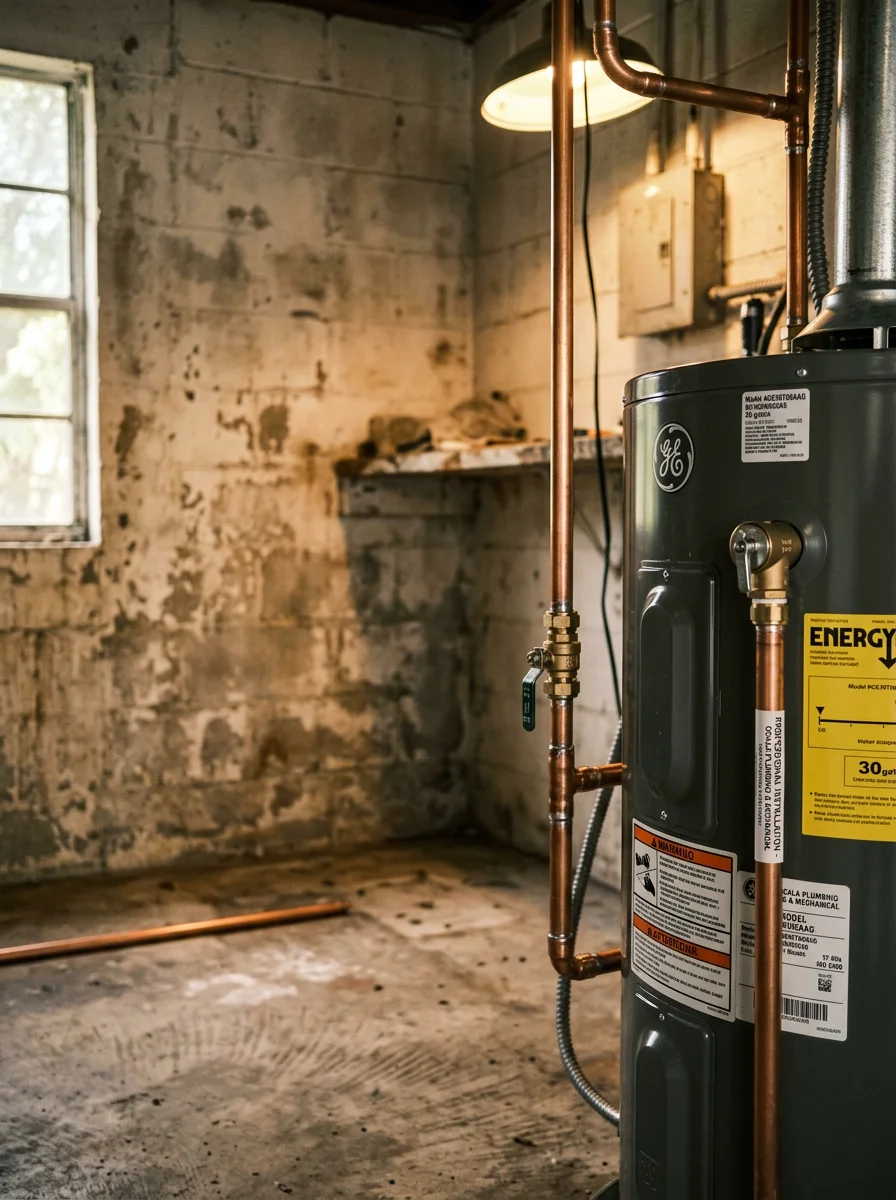 Close-up of a water heater installation in an Ocala garage, showing new copper supply connections and a pressure relief valve.