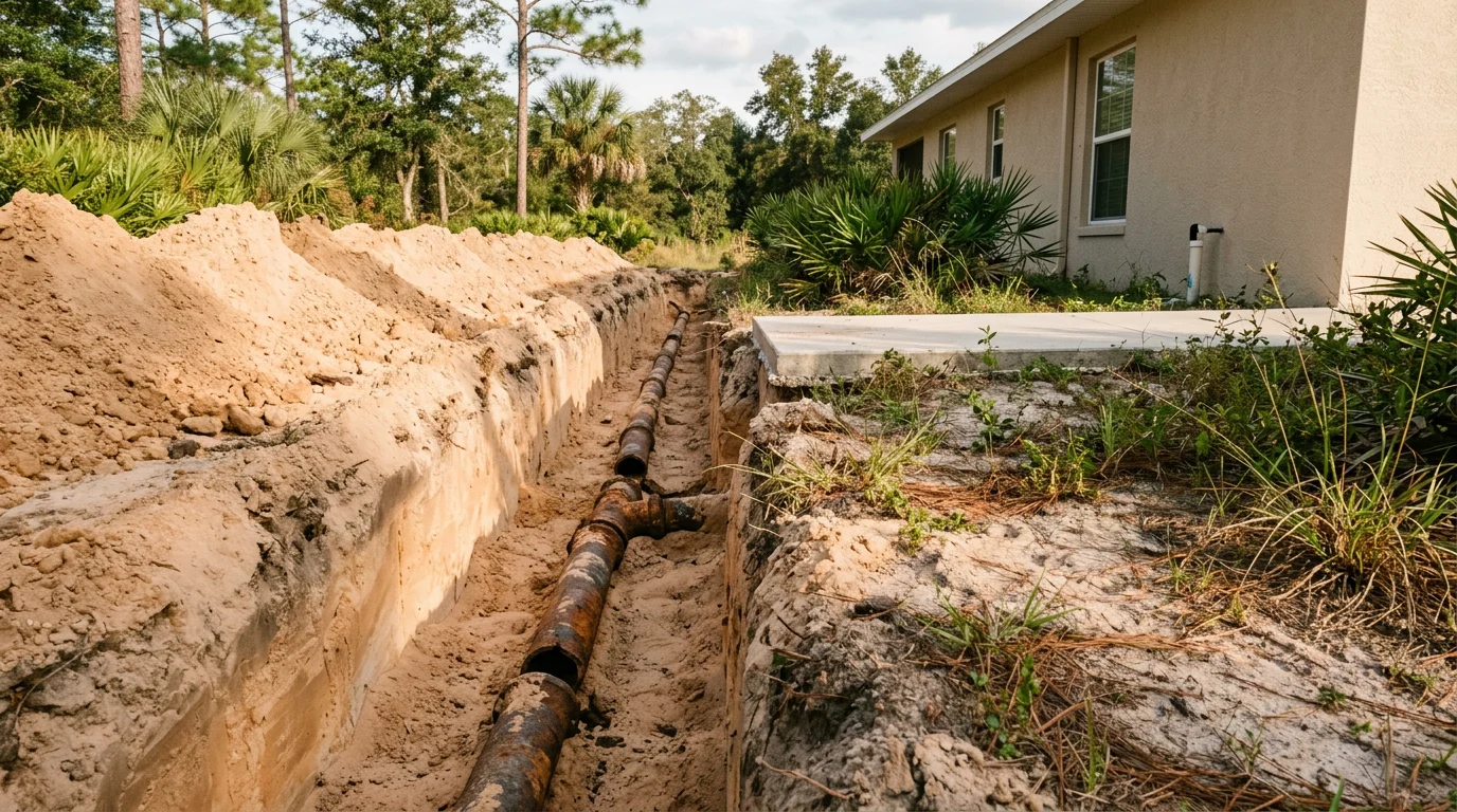A plumber replacing a corroded sewer lateral beneath a slab-foundation ranch home in Ocala, Florida, with sandy limestone soil visible in the trench.