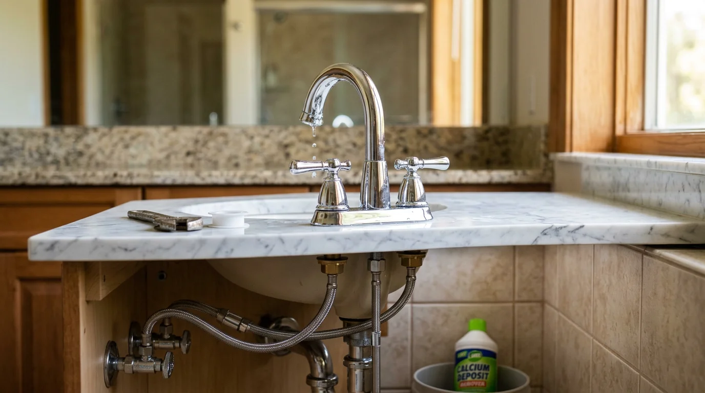 A newly installed bathroom sink faucet and vanity fixture in an Ocala, Florida home, with clean supply line connections visible beneath the sink cabinet. The finished installation shows properly seated hardware against a tiled bathroom wall.