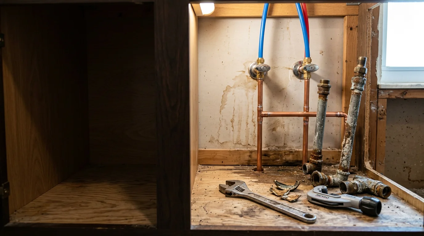 A plumber replacing corroded bathroom supply lines and shut-off valves beneath a vanity in an Ocala, Florida home. Updated copper and PEX connections are visible against the cabinet interior.
