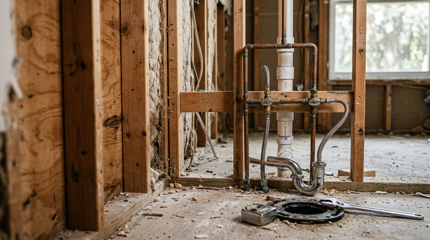 Bathroom remodeling plumbing rough-in work in an Ocala, Florida home, showing new supply and drain lines installed behind open walls prior to finishing. FW Dukes Plumbing LLC serving Marion County and surrounding areas.