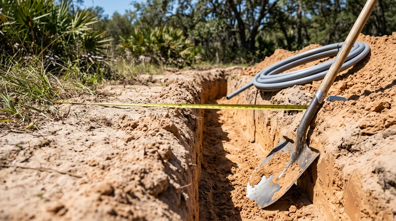 An open plumbing trench dug through sandy Florida soil on a residential property in Ocala, Marion County, with exposed pipe work visible at the base of the excavation.
