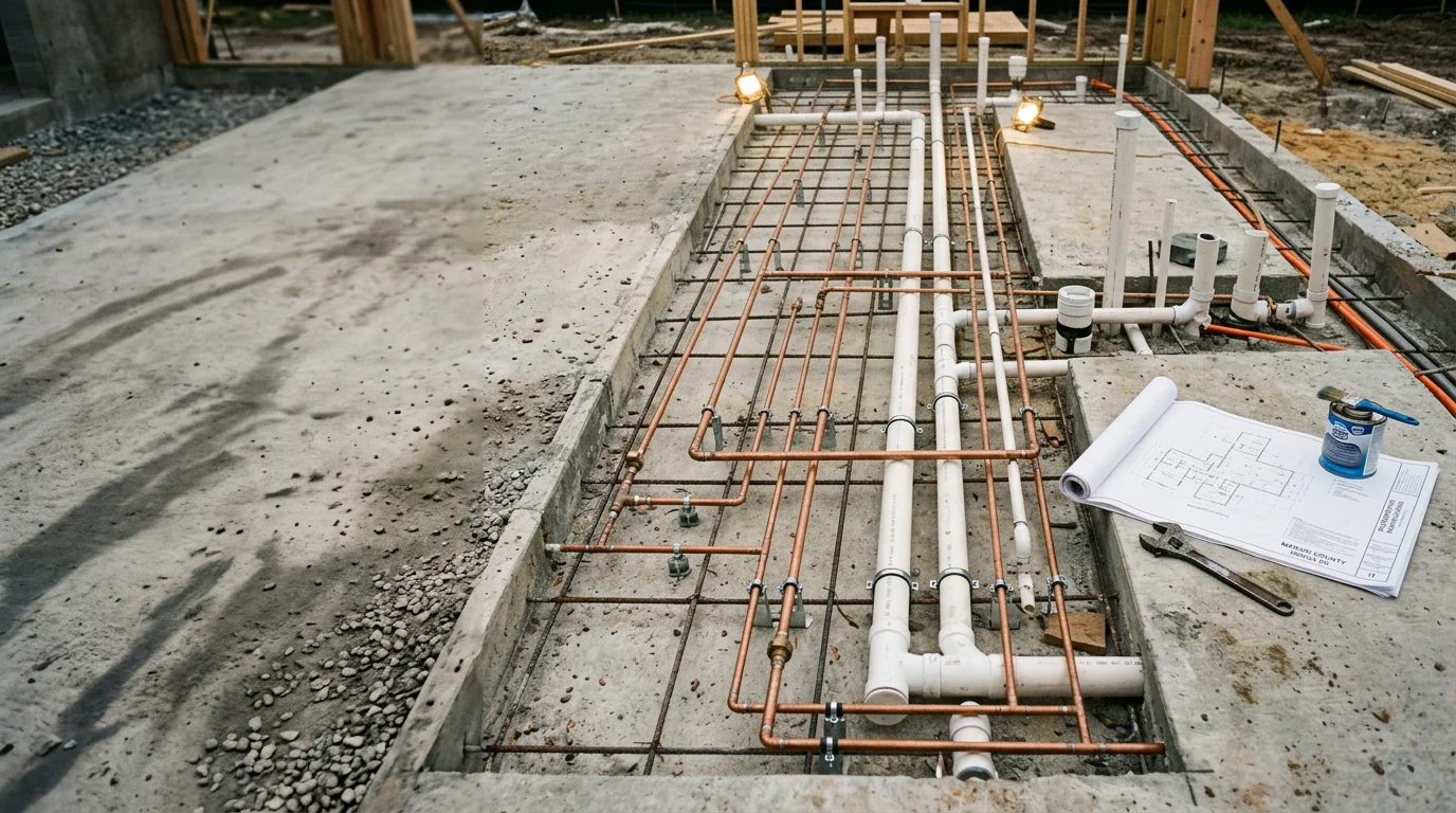 New construction plumbing rough-in with drain and supply lines set beneath a concrete slab foundation on a residential build site in Ocala, Florida. PVC drain piping and water supply stubs are positioned for a single-family home in Marion County.