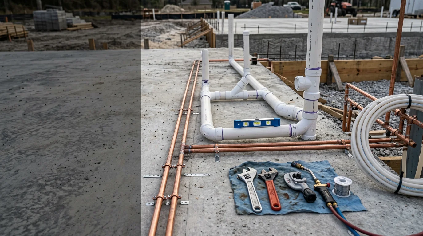 A newly installed residential plumbing system with supply lines and drain stacks visible inside a slab-foundation home under construction in Ocala, Florida. Copper and PVC pipe runs are neatly routed through framing ahead of a Marion County rough-in inspection.