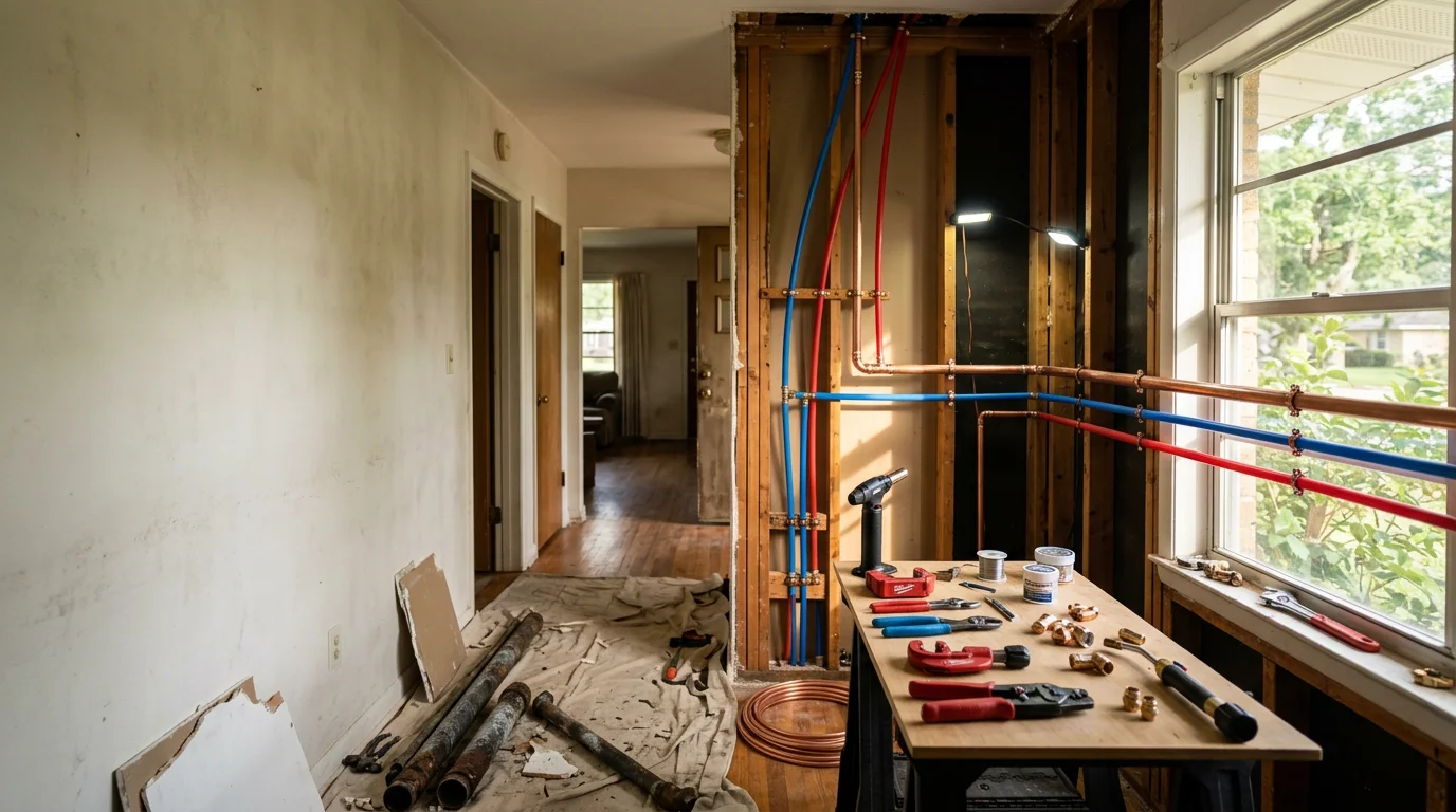 A plumber replacing corroded supply lines inside the wall cavity of an older Ocala home during a full plumbing system re-pipe. New pipe runs are visible alongside removed sections of deteriorated galvanized piping.