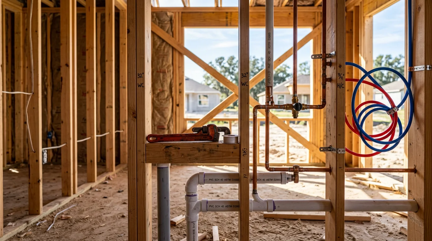 A plumber performing rough-in plumbing work inside the framed walls of a single-family home under construction in Ocala, Florida. Exposed wall studs and new copper supply lines are visible in an active residential build site.