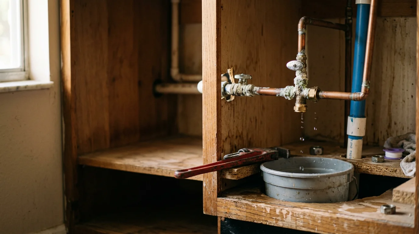 A plumber repairing a leaking pipe beneath a kitchen sink in an Ocala, Florida home. Tools and replacement fittings are visible on the cabinet floor beside the work area.