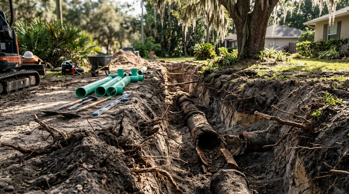 A plumber inspecting an excavated sewer line trench at a residential property in Ocala, Florida, with aging clay pipe sections visible in the ground. The surrounding yard shows sandy Florida soil typical of Marion County.