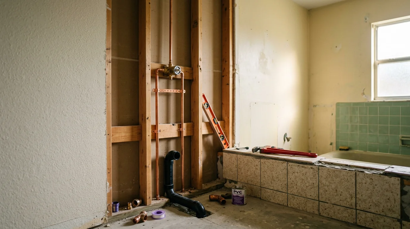 A newly installed shower in an Ocala, Florida home, showing clean supply line connections and a finished drain in a slab-foundation bathroom. The plumbing work is complete and ready for tile or enclosure finishing.