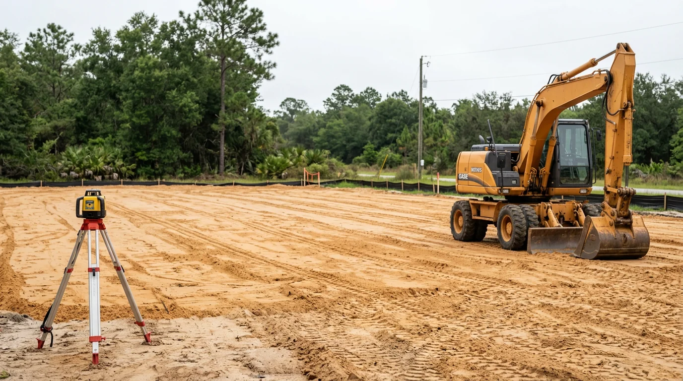 A cleared and graded residential building site in Ocala, Florida, with leveled sandy soil ready for foundation work. Heavy equipment tracks are visible across the prepared ground, with a tree line bordering the lot in the background.