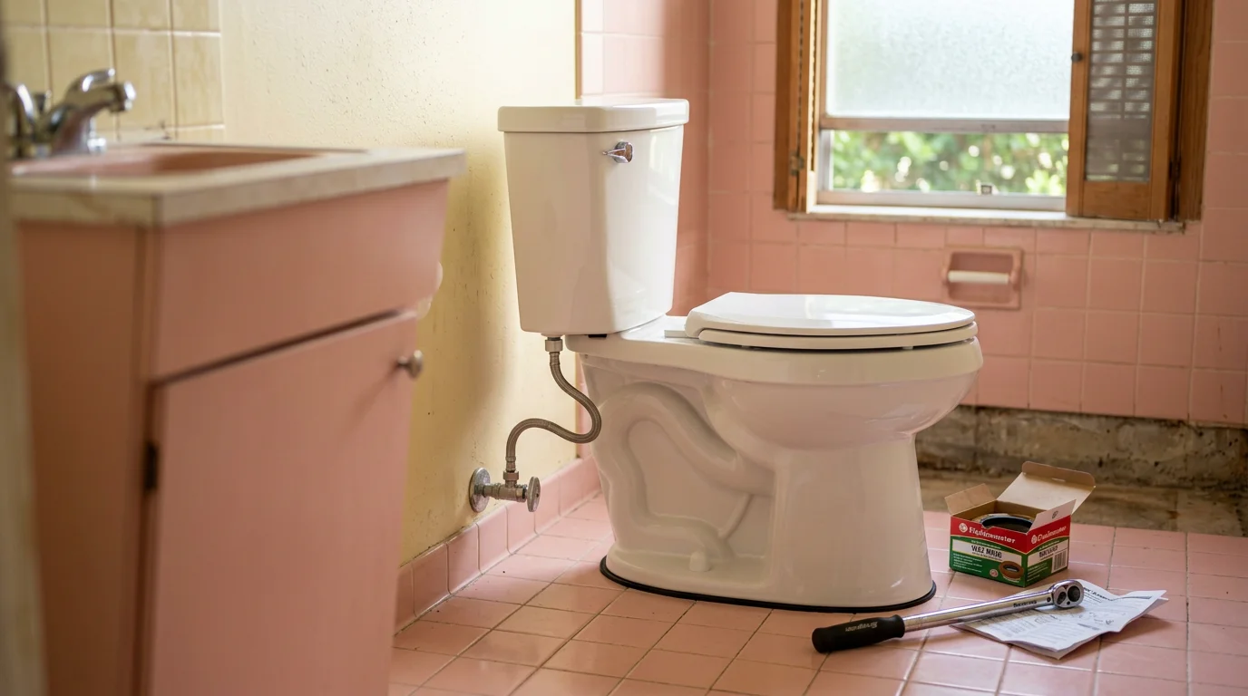 A plumber securing a white two-piece toilet to a tiled bathroom floor in an Ocala home, with a new supply line connected and mounting hardware in place. The bathroom shows a slab foundation typical of Marion County residential construction.