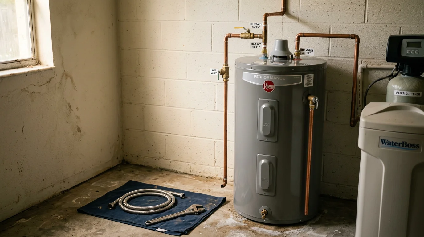 A licensed plumber completing a water heater installation in a utility room of an Ocala, Florida home, with new copper supply lines and a pressure relief valve visible.