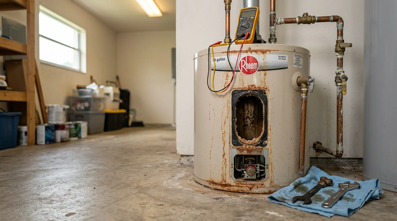 A plumber inspecting a residential tank water heater in an Ocala, Florida home, checking the pressure relief valve and supply line connections during a repair visit.